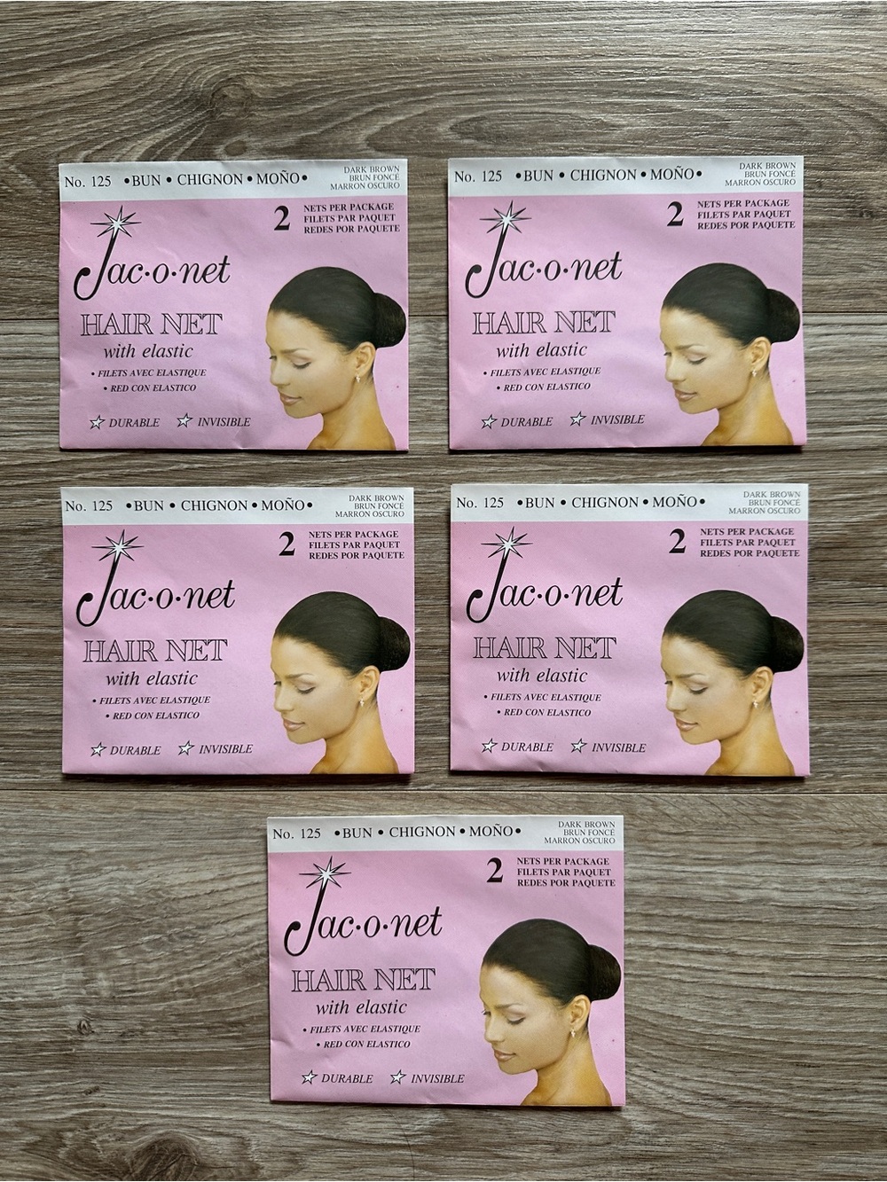 5 Pk Jac-o-net No. 125 Tiny Mesh Hair Net Chignon Bun Dark Brown (2 Nets Per Pk)